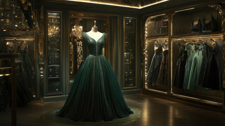 A stunning green evening gown elegantly displayed in a luxurious boutique. The setting features beautiful mirrors, soft lighting, and exquisite decor that enhance the gown's allure.の素材
