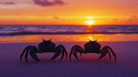 Two crabs stand on the sandy beach at sunset, silhouetted against a vibrant sky. The soft ocean waves lap at the shore, creating a serene coastal scene.の素材