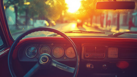 Stunning vintage car interior captured during sunset, featuring a warm glow and soft focus backdrop. Ideal for themes of nostalgia and travel.の素材
