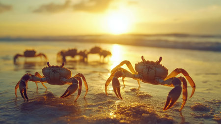 Crabs move gracefully along a sandy beach at sunset, creating a beautiful scene with the gentle waves lapping at the shore and warm colors illuminating the sky.の素材
