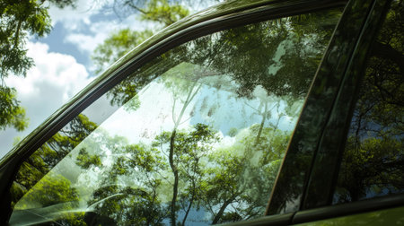 A close-up view of a car window capturing a beautiful reflection of trees and clouds, showcasing nature's vibrant colors with a serene atmosphere.の素材