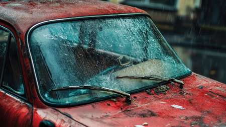 A close-up view of a weathered red car experiencing rainfall. Water droplets cover the window, showcasing a blend of nostalgia and nature's impact on vintage vehicles.の素材