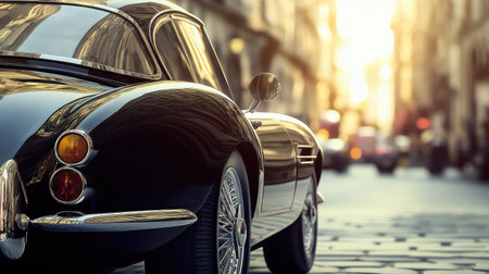 A stunning vintage black sports car is parked on a cobblestone street, surrounded by beautiful historic architecture at sunset, creating a nostalgic urban scene.の素材