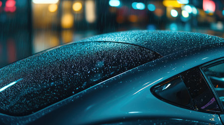 A close-up of a sleek car roof adorned with raindrops, capturing reflections of vibrant city lights. The scene evokes a modern, urban ambiance.の素材