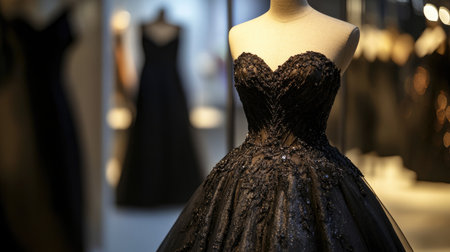 A stunning black evening gown showcased in a chic boutique, featuring intricate details and elegant design, perfect for formal events or special occasions.の素材