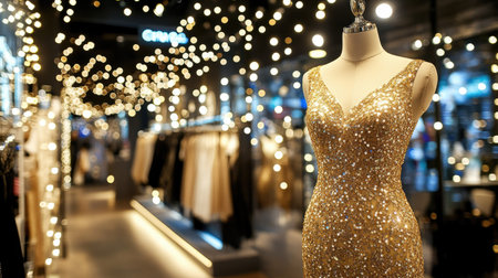 A stunning gold sequin dress displayed on a mannequin in a fashion boutique, surrounded by warm lights. The ambiance creates an elegant, glamorous atmosphere perfect for evening events.の素材