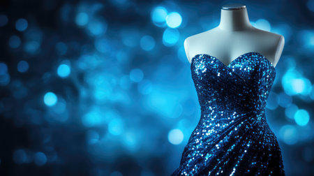 Stunning blue sequin dress displayed on a mannequin, exuding elegance and allure against a soft, shimmering background, perfect for fashion and celebration themes.の素材