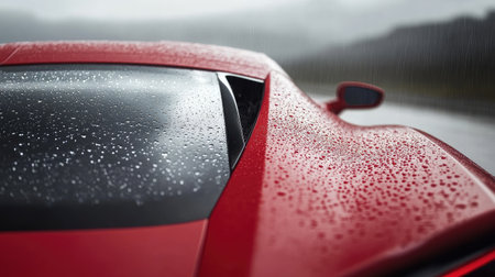 A striking red sports car sits in the rain, showcasing droplets on its sleek window. The blurred background creates a moody atmosphere, emphasizing the beauty of the vehicle.の素材