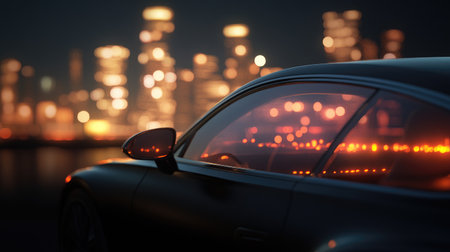 A sleek black car parked against a backdrop of shimmering city lights at night, showcasing reflections on its windows. Perfect for urban lifestyle themes.の素材
