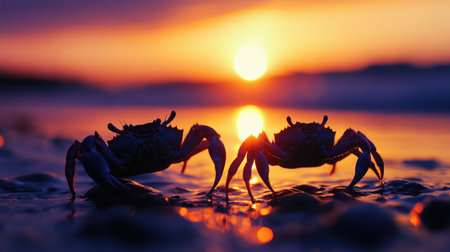Two crabs traverse the sandy shore as the sun sets, creating a stunning silhouette against the vibrant orange and purple sky. A serene coastal scene.の素材