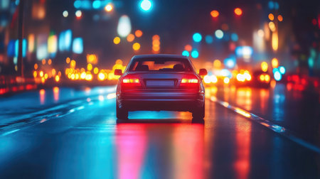 A captivating nighttime city view featuring a solitary car amidst blurred lights. The shimmering street reflects vibrant colors, creating an enchanting atmosphere perfect for urban-themed projects.の素材