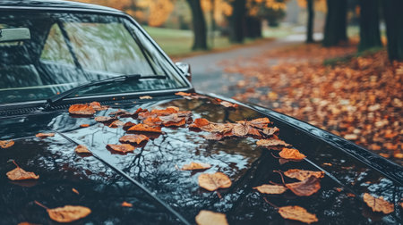 A close-up view of a classic car hood adorned with colorful autumn leaves, set against a serene park path. The scene captures the essence of fall tranquility.の素材