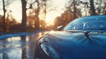 A close-up of a sleek car hood glistening in the warm sunset light, showcasing reflections of surrounding trees and wet pavement, creating a tranquil atmosphere.の素材