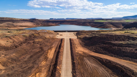 A stunning aerial view showcases a dry reservoir surrounded by a dirt road, highlighting the arid landscape and scenic horizon under a blue sky.の素材