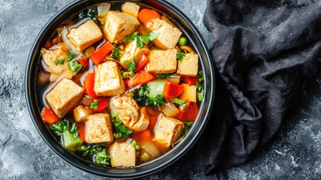 A vibrant bowl of vegetable soup featuring tofu, assorted vegetables, and fresh herbs. This healthy meal showcases delicious flavors and colors in a cozy setting.の素材