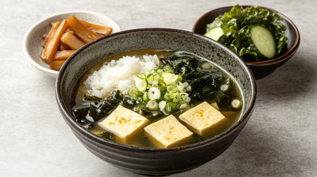 Indulge in a hearty bowl of traditional Japanese miso soup featuring tofu, seaweed, and fresh green onions. A perfect healthy meal option.の素材