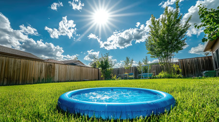 A bright backyard scene featuring a vibrant inflatable pool surrounded by lush green grass under a sunny sky with fluffy clouds, perfect for summer fun.の素材