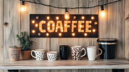 A cozy coffee display featuring an illuminated sign and assorted decorative mugs. Perfect for capturing the warmth and charm of a coffee lover's space.の素材