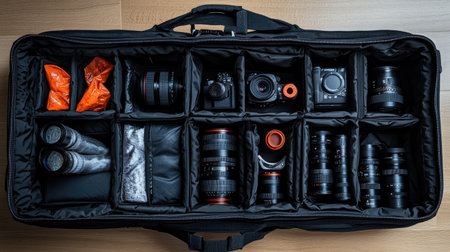 A well-organized camera bag showcases various lenses and gear, perfect for professionals. This setup emphasizes safety and accessibility for photographers on the go.の素材