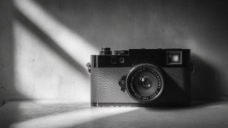A classic black and white camera sits elegantly on a surface, illuminated by dramatic light, showcasing its intricate design and nostalgic charm.の素材