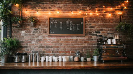 A cozy coffee shop interior featuring a rustic brick wall, ambient lights, and a wooden counter filled with mugs and coffee equipment, inviting relaxation.の素材