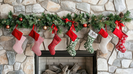 A festive arrangement of colorful Christmas stockings hangs on a stone fireplace mantel, surrounded by greenery and ornaments, creating a warm holiday atmosphere.の素材