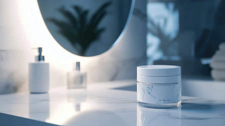 A stylish cosmetic jar rests on a marble vanity, surrounded by elegant decor. Soft lighting and a mirror create a tranquil atmosphere perfect for skincare routines.の素材