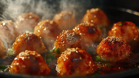 A close-up view of delicious meatballs sizzling in a hot pan, surrounded by steam. The glossy glaze and sesame topping elevate the dish, perfect for any cuisine.の素材