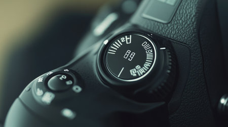Close-up image of a camera dial showcasing various settings and adjustments. The intricate design highlights the technology and precision of professional photography equipment.の素材