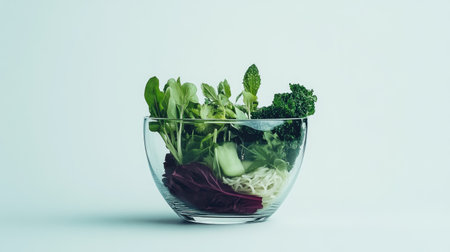 A clear glass bowl filled with fresh salad ingredients, including lettuce, cucumber, mint, and broccoli against a light background, perfect for healthy eating and meal preparation.の素材