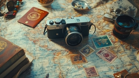 A vintage camera rests on a world map surrounded by travel essentials like passports, postcards, and stamps. Perfect for travel bloggers and adventurers.の素材
