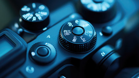 Intricate close-up of camera controls highlighting dials and buttons in soft light, perfect for showcasing the artistry and precision of photography equipment.の素材