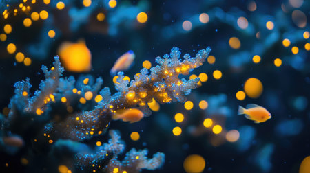 Explore a captivating underwater scene showcasing vibrant coral and colorful fish surrounded by soft, glowing bubbles against a blue backdrop.の素材