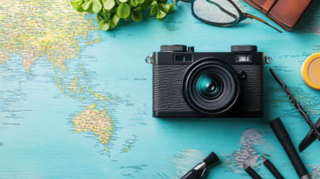 A vintage camera is placed on a colorful map, surrounded by travel essentials like glasses, a notebook, pens, and a green plant. Perfect for travel and photography themes.の素材