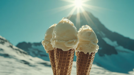 Enjoy three delicious ice cream cones basking in bright sunlight against a stunning mountain backdrop. Perfect for summer vibes and sweet indulgence!の素材