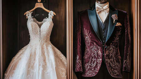 A stunning wedding dress and a sophisticated suit showcased in an elegant boutique. Perfect for themes of love, romance, and celebration in fashion photography.の素材