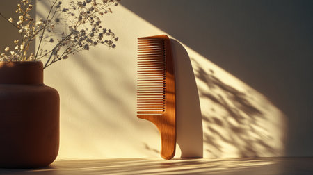 A beautiful wooden hair comb resting against a wall, accompanied by a vase of delicate flowers. Soft light casts gentle shadows, creating a serene ambiance.の素材