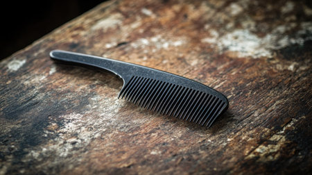 A simple black hair comb rests on a rustic wooden surface, embodying minimalism and functionality. Ideal for beauty, grooming, or personal care themes.の素材