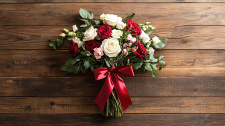 A stunning bouquet featuring red and white roses with lush greenery, elegantly tied with a satin ribbon. Perfect for celebrations, weddings, and romantic gifts.の素材