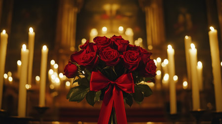 A stunning arrangement of red roses with a bow, illuminated by soft candles in a romantic cathedral setting, perfect for celebrating love and devotion.の素材