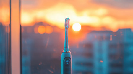 A sleek electric toothbrush stands in silhouette against a stunning sunset. The vibrant colors create a sense of peace and promote dental hygiene.の素材
