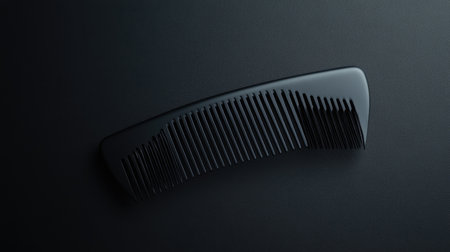 A sleek black hair comb rests elegantly on a dark, smooth surface, showcasing minimalist design and style. Perfect for beauty and grooming themes.の素材