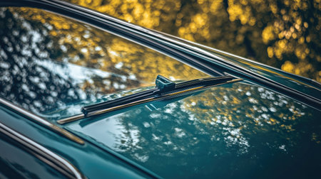 A close-up view of a classic car hood featuring a windshield wiper, surrounded by autumn foliage, capturing the serene beauty of nature and vintage design.の素材