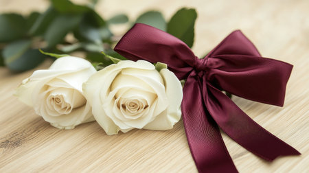 Two delicate white roses adorned with a burgundy ribbon rest gracefully on a wooden surface, creating a perfect centerpiece for romantic occasions or elegant gifts.の素材