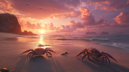 Two crabs wander along a sandy beach as a vibrant sunset paints the sky. The calm ocean waves reflect the warm colors, creating a serene atmosphere ideal for nature lovers.の素材