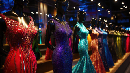 A stunning array of elegant evening gowns showcased on sleek mannequins, featuring vibrant colors and exquisite detailing, perfect for any formal occasion.の素材