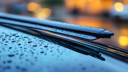 A detailed close-up of rain drops on a car surface creates a serene atmosphere. The blurred background adds depth, capturing the beauty of wet conditions.の素材