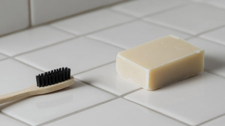 A minimalist bathroom scene featuring a wooden toothbrush and a bar of soap on white tiled surfaces. This setting emphasizes health and hygiene in a serene atmosphere.の素材