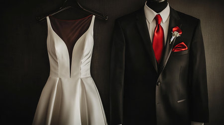 A stunning display of an elegant wedding dress and groom's suit on hangers, showcasing fine details and romantic colors perfect for a special occasion.の素材