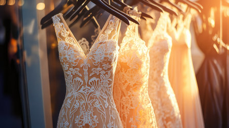 A stunning display of elegant lace dresses highlighted by soft evening light. The intricate designs and textures invite admiration, perfect for fashion lovers.の素材